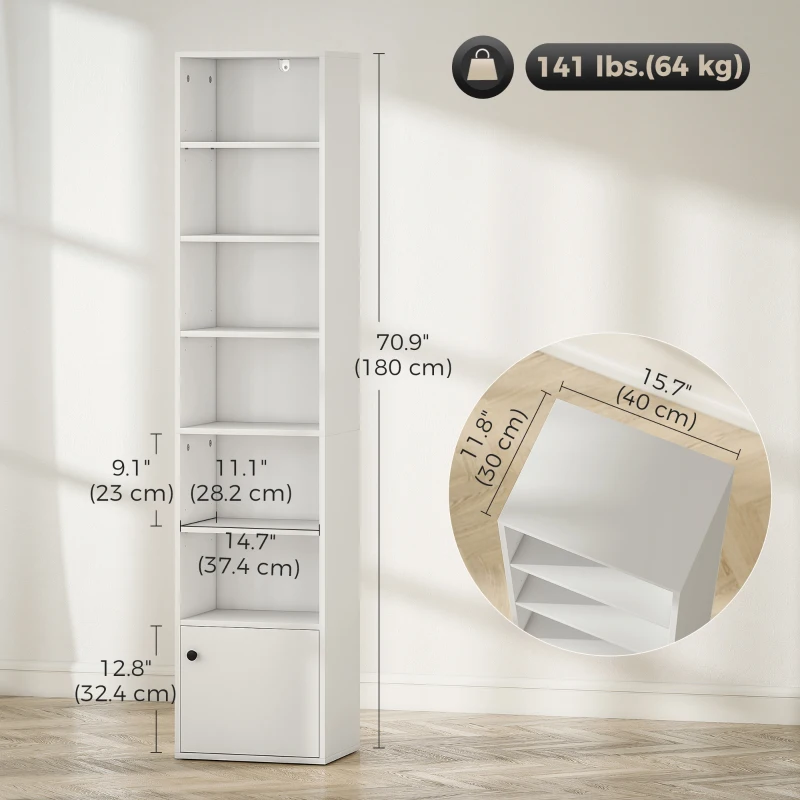 HOMCOM 7-Tier Bookcase, Display Shelf Unit with Adjustable Shelf and Cabinet, White