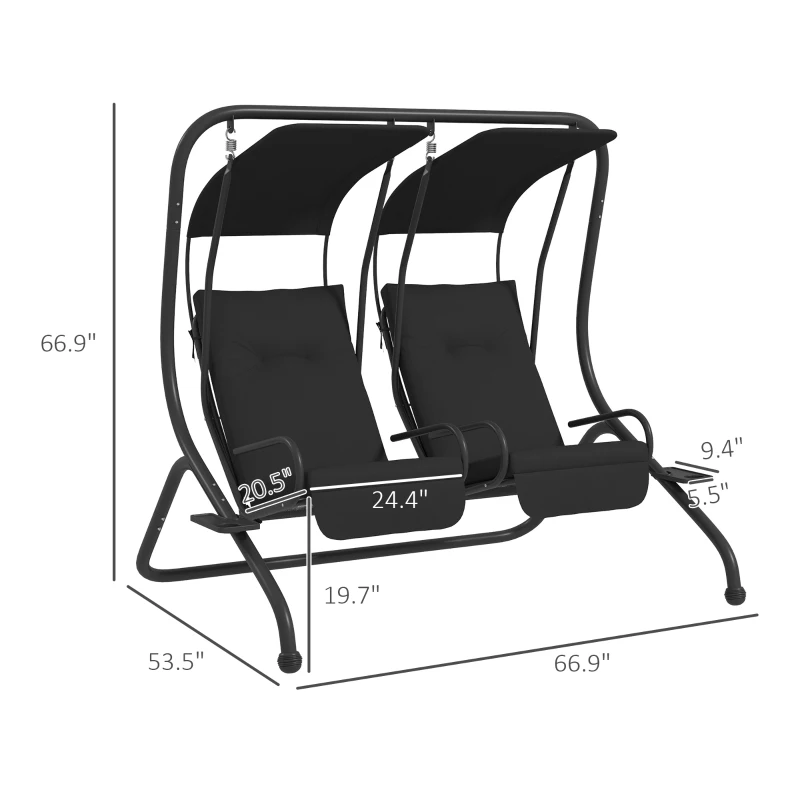 Outsunny 2-Seater Outdoor Porch Swing with Canopy, Patio Swing Chair for Garden, Poolside, Backyard, Black