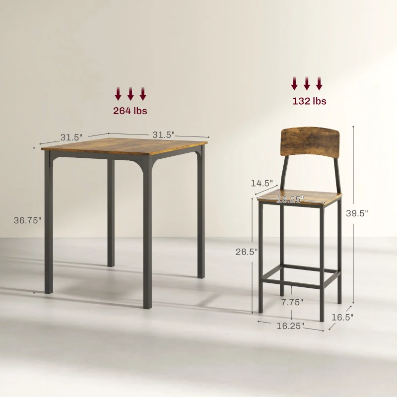 HOMCOM 3 Piece Pub Table and Chairs, Small Kitchen Table and Chairs, Square Dining Table with 2 Stools, Rustic Brown and Black