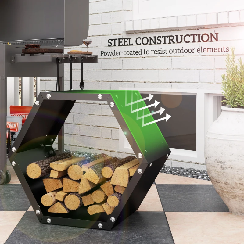 Outsunny Hexagon Firewood Log Rack Heavy-Duty Steel Log Holder for Outdoor Indoor Use, 25.6" x 14.6" x 22.4", Black