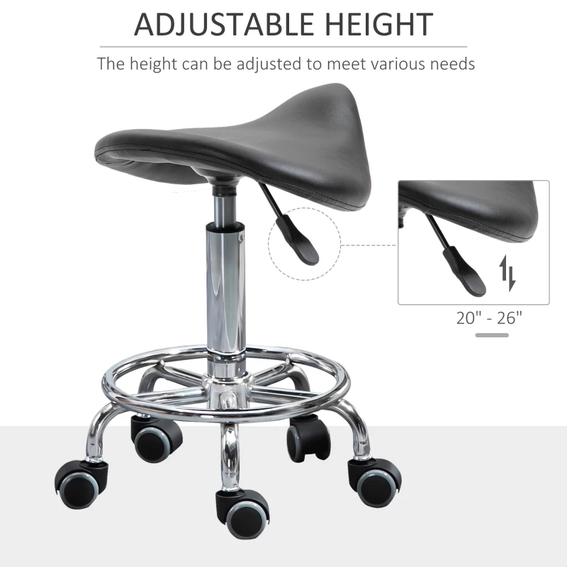 HOMCOM PU Leather Adjustable Stool, Rolling Saddle Stool with Wheels for Massage, Spa, Clinic, Beauty and Tattoo, Black