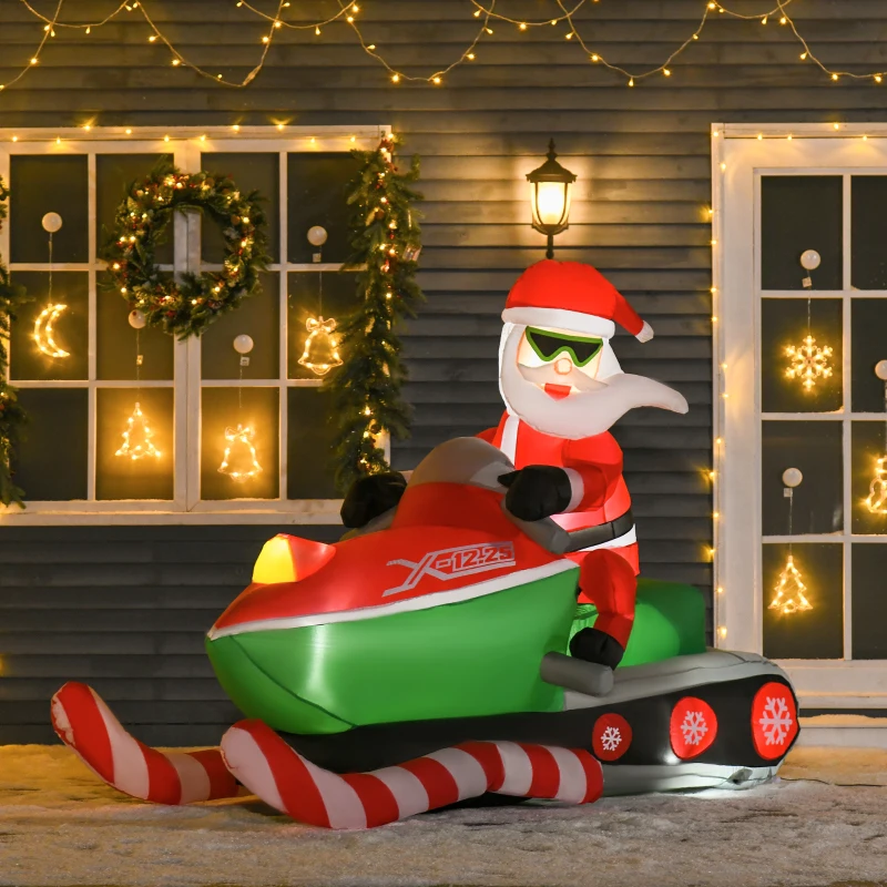 HOMCOM 7ft Christmas Inflatable Santa Claus Driving a Snowmobile, Outdoor Blow-Up Yard Decoration with LED Lights Display
