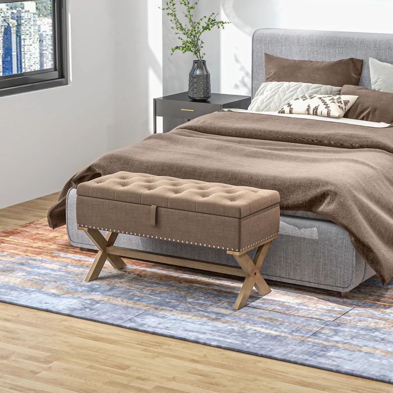 HOMCOM Upholstered Bedroom Bench, End of Bed Bench, Ottoman with Wood Legs, 35.75"W x 16.25"D x 19.75"H, Brown