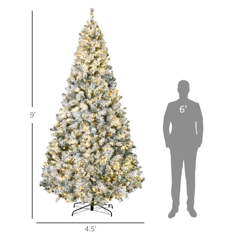 HOMCOM 9' Prelit Artificial Flocked Christmas Trees, with Snow Frosted Branches, Warm White LED Lights, Auto Open
