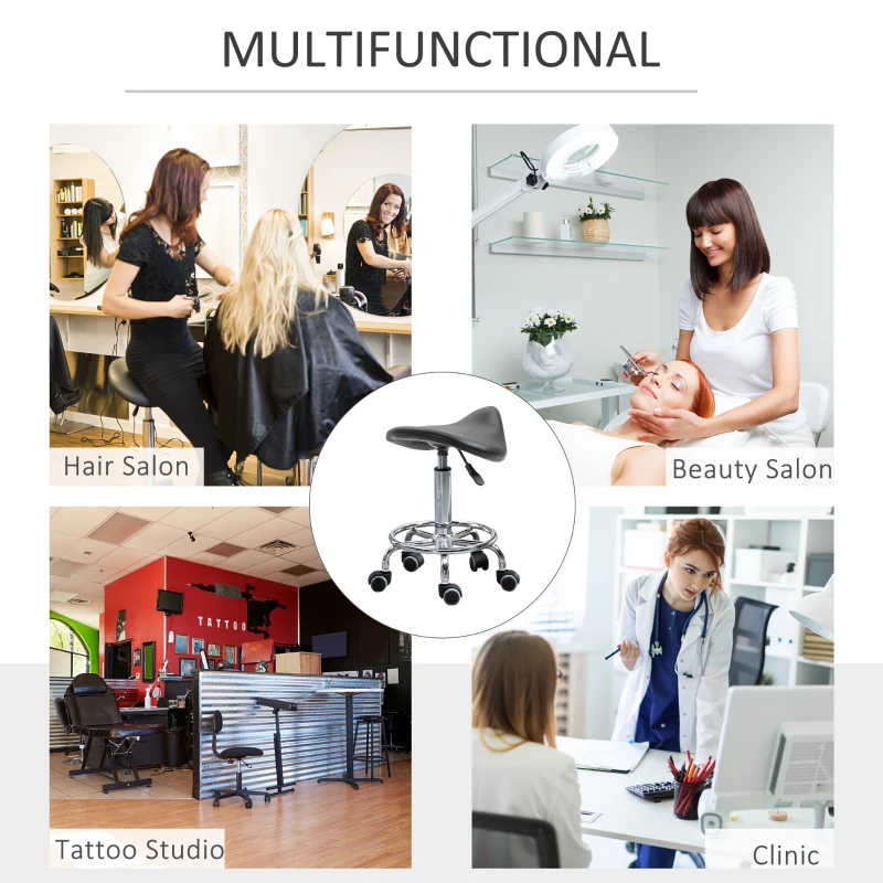 HOMCOM PU Leather Adjustable Stool, Rolling Saddle Stool with Wheels for Massage, Spa, Clinic, Beauty and Tattoo, Black