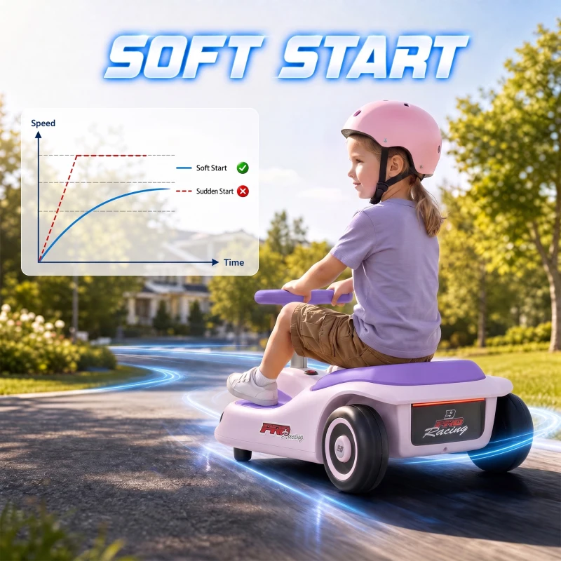 Qaba 12V Electric Wiggle Car with Convertible Steering Wheel Pull Handle, 2 Speed, Music, Lights for 3-5 Years, Purple
