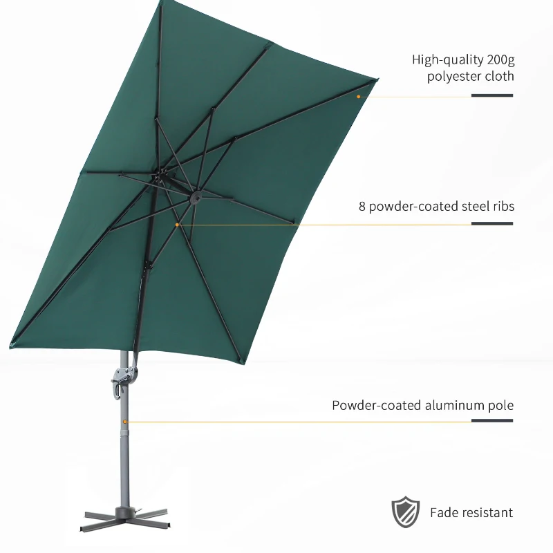 Outsunny 8' x 8' Square Patio Hanging Offset Umbrella Aluminum Outdoor Cantilever Crank Market Parasol Garden Sun Canopy Shelter 360° Rotation w/Cross Base Green