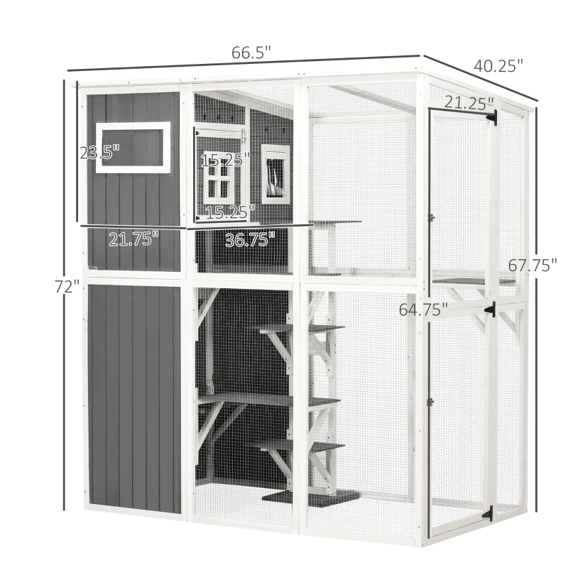 PawHut Catio Outdoor Cat Enclosure Large Cat House Outdoor Wooden Walk-in Kitten Feral Cat Shelter, for Multiple Cats with 7 Perches, Door, Cat Condo and Weather Protection Roof, 66.5" L, Gray