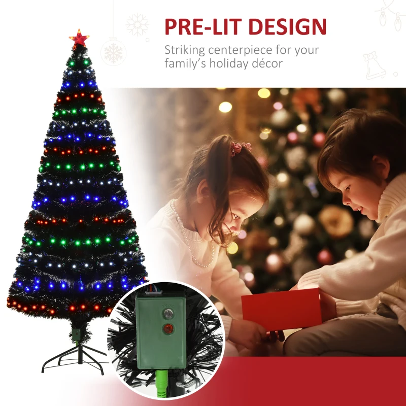 HOMCOM 6ft Tall Fir Artificial Christmas Tree with Realistic Branches, 230 Multi-Color Fiber Optic LED Lights and 230 Tips, Black