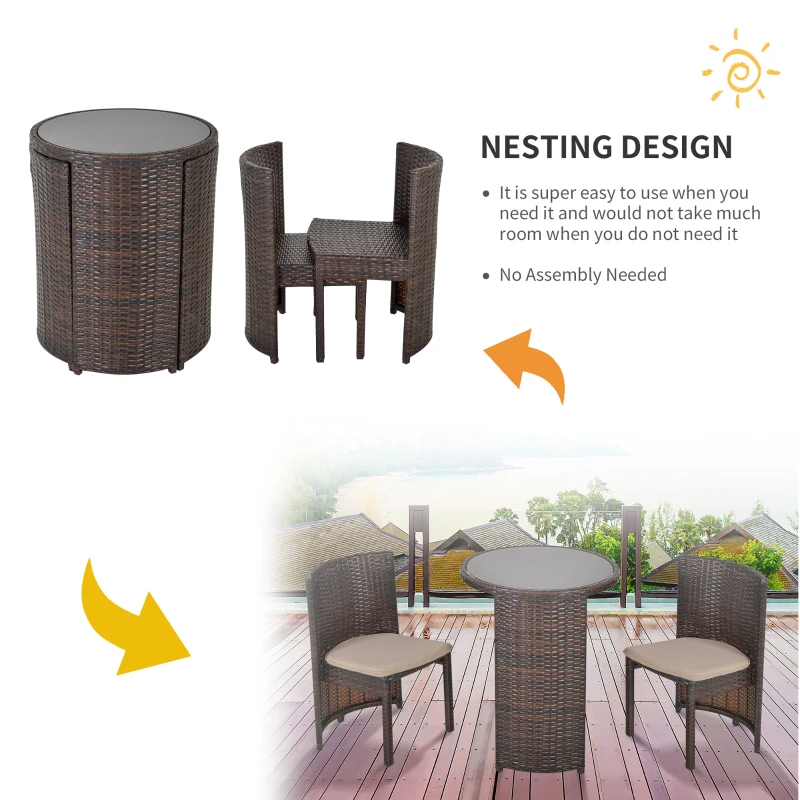 Outsunny 3 PCS Outdoor Rattan Wicker Bistro Set with Storage Shelf, Glass Top Table, Soft Cushioned Chairs and Space Saving Design, Patio Conversation Set for Garden Backyard Porch, Brown