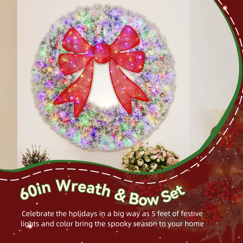 HOMCOM 60in Flocked Pre-Lit Christmas Wreath with 3D Red Bow, 11 Lighting Modes, Front Door Christmas Wreath with Remote