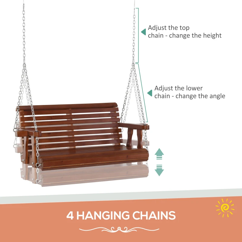 Outsunny 2 Seater Porch Swing Wooden Patio Swing Chair with Cup Holder and Chains Outdoor Swing Bench for Garden Yard, Brown