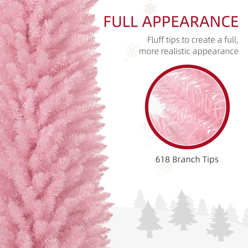 HOMCOM 8ft Unlit Pencil Artificial Christmas Tree with Realistic Branches and 618 Tips, Plastic Base, Pink