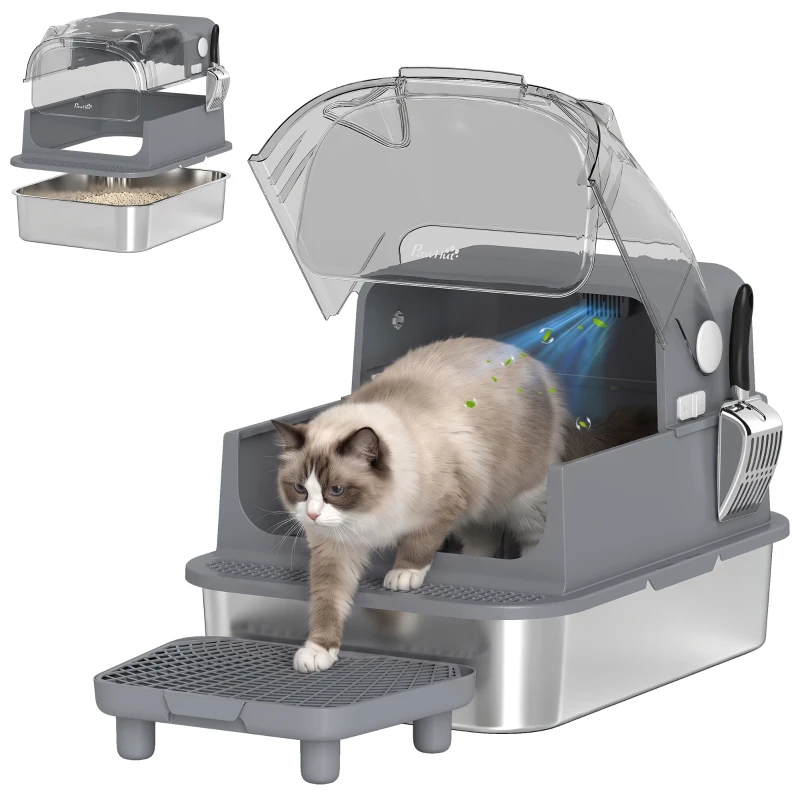 PawHut Stainless Steel Cat Litter Box with Flip Lid, XXL Enclosed Litter Box, High Sided, Step, Metal Scoop, 2 Deodorizing Bags