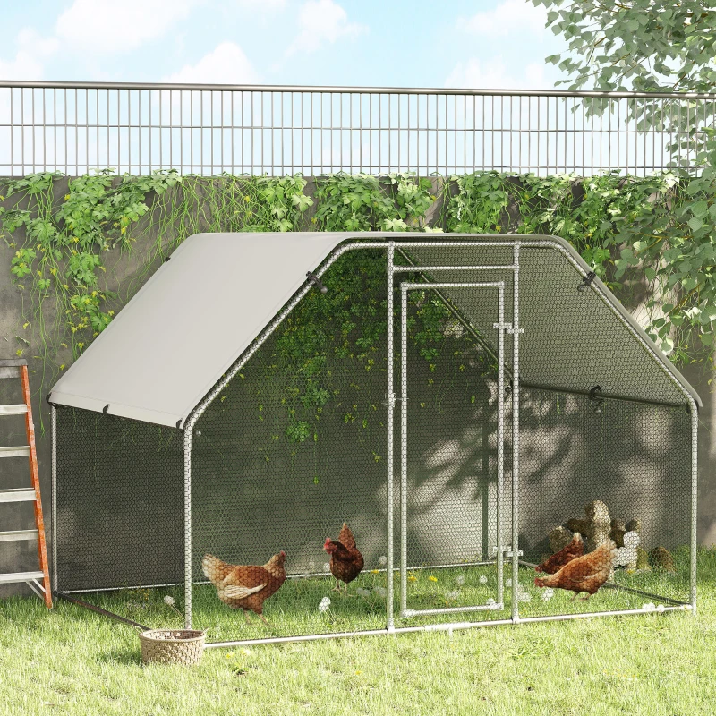 PawHut Large Chicken Coop Metal Chicken Run with Waterproof and Anti-UV Cover, Flat Shaped Walk-in Fence Cage Hen House for Outdoor and Yard Farm Use, 1.3" Tube Diameter, 9' x 6' x 6.5'