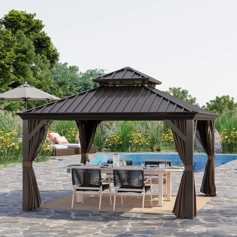 Outsunny 12' x 12' Hardtop Gazebo with Curtains and Netting, Permanent Pavilion Metal Double Roof Gazebo Canopy with Aluminum Frame and Hooks, for Garden, Patio, Backyard, Brown