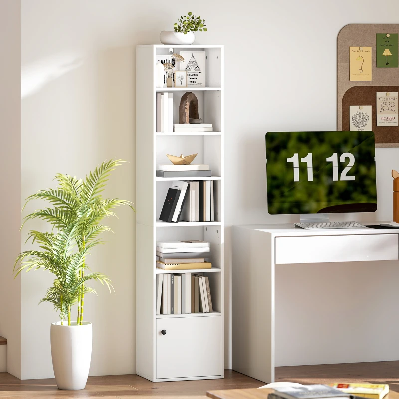 HOMCOM 7-Tier Bookcase, Display Shelf Unit with Adjustable Shelf and Cabinet, White
