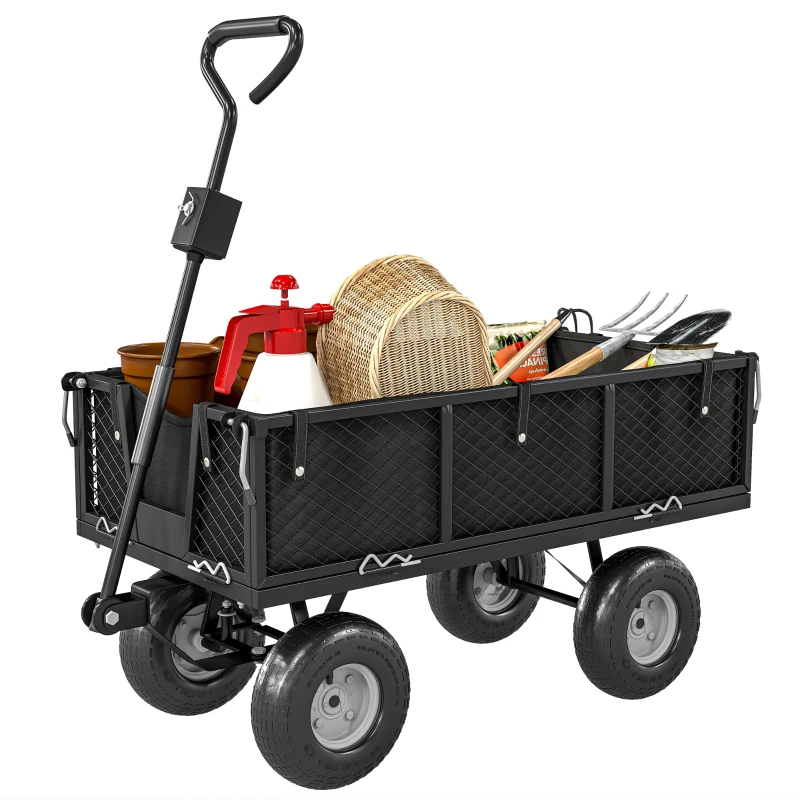 Outsunny Steel Garden Cart, Utility Wagon Cart with Removable Liner, Quick-Release Sides, 10" Wheels, 660lbs Capacity