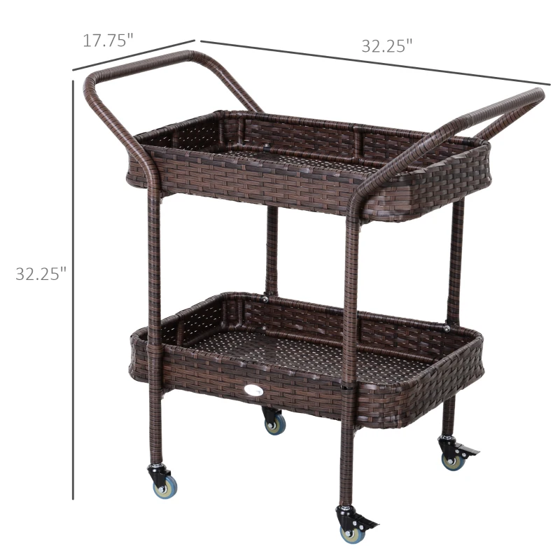 Outsunny PE Rattan Outdoor Bar Table, Outdoor Kitchen Island with 2-Tier Shelf, Wheeled Patio Serving Cart with Brakes for Poolside, Garden, Brown