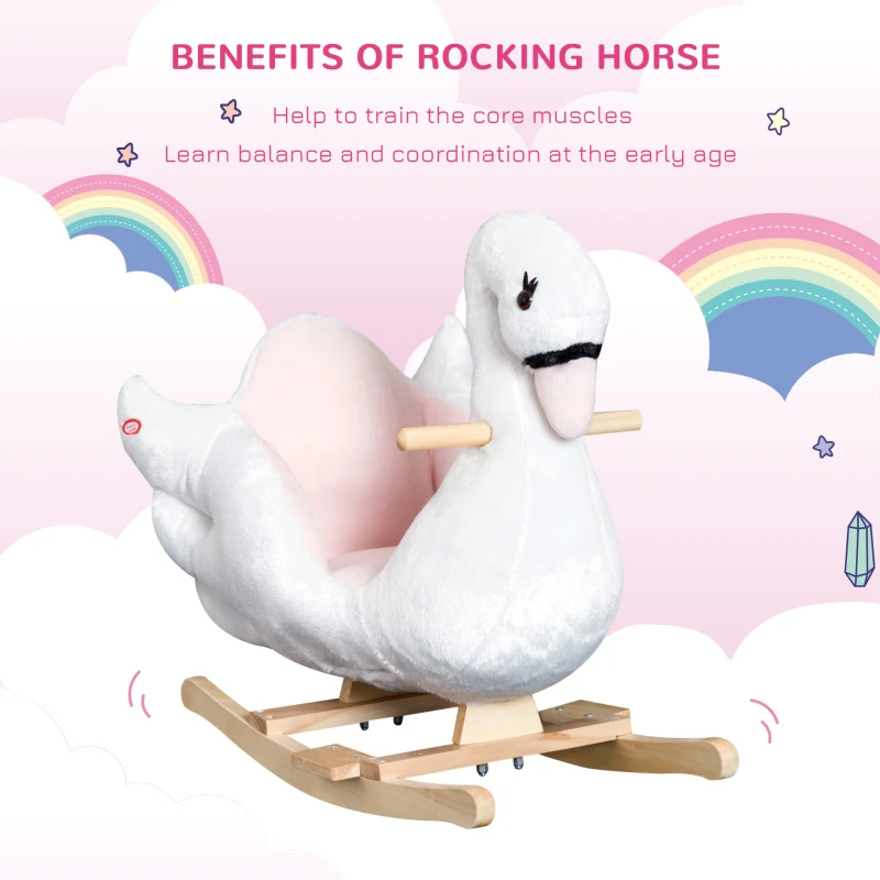 Qaba Kids Ride On Rocking Horse Plush Swan Style Toy with Music for Over 18 Months Children, White and Pink