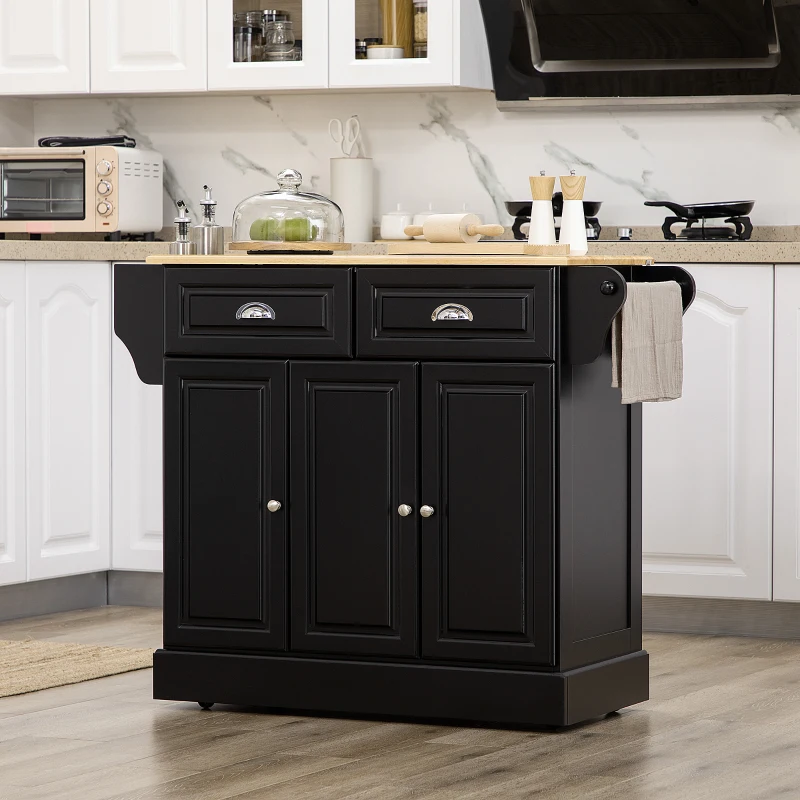HOMCOM Kitchen Island with Storage Rolling Kitchen Serving Cart with Rubber Wood Top Towel Rack Storage Drawer Cabinet, Black