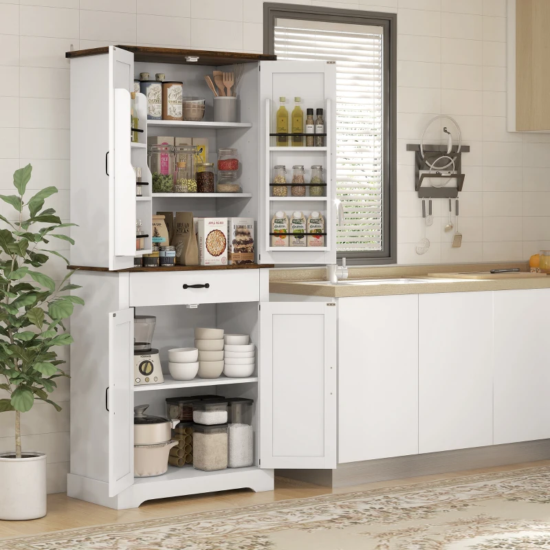 HOMCOM 71" Tall Kitchen Cabinet, Farmhouse Pantry Cabinet w/ Barn Doors, 6 Shelves w/ 2 Doors, Drawer and Adjustable Shelves, White