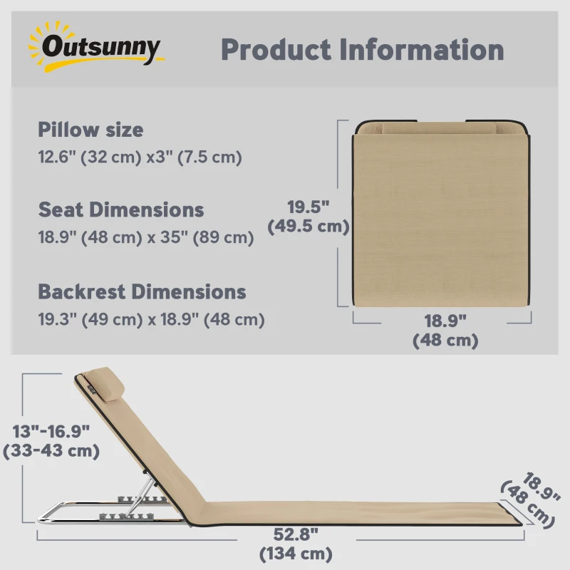 Outsunny 2 Pieces Beach Lounge Chair, Outdoor Folding Chaise Lounge Set w/ Pillow for Sunbath, Snap, Beige