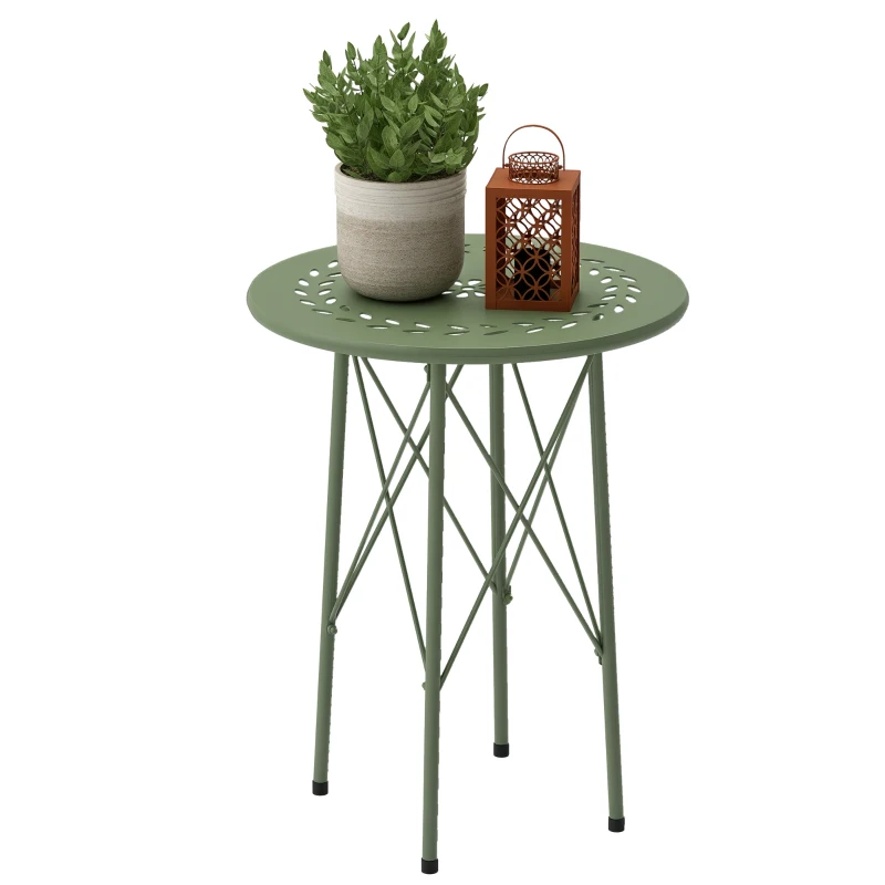 Outsunny 15.7" Round Garden Table with Floral Cut-Out, Steel Balcony Side Bistro Coffee Table with Adjustable Feet, Green
