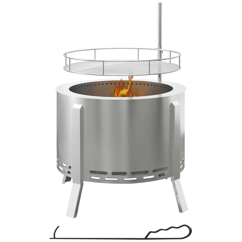 Outsunny 2-in-1 Smokeless Fire Pit BBQ Grill Portable Camping Bonfire Stove with Poker, Stainless Steel, Silver