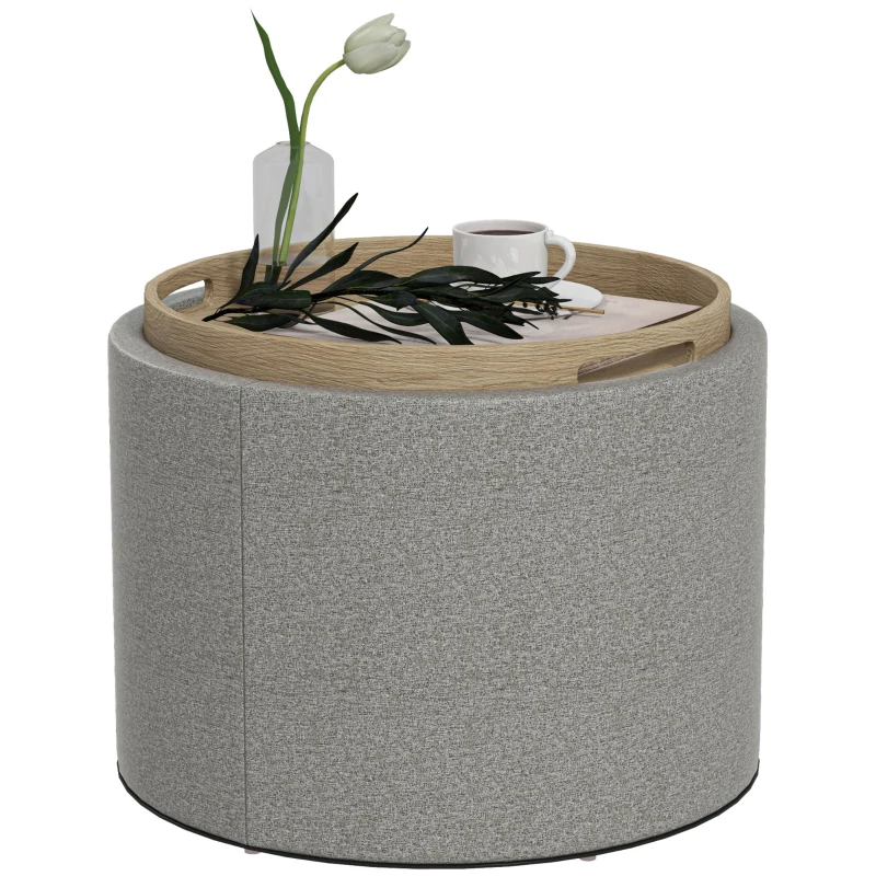 HOMCOM Round Coffee Table, End Table with Hidden Storage and Tray Top, Linen Upholstered Footrest for Living Room