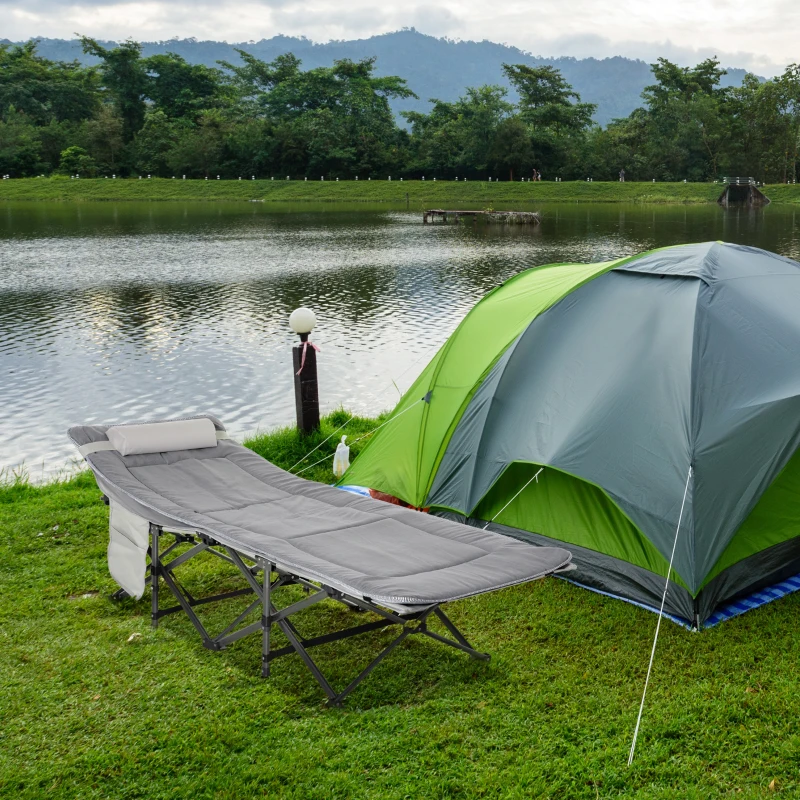 Outsunny Folding Camping Cot with Mat & Pillow, Double Layer Oxford Heavy Duty Sleeping Cot with Carry Bag Light Grey