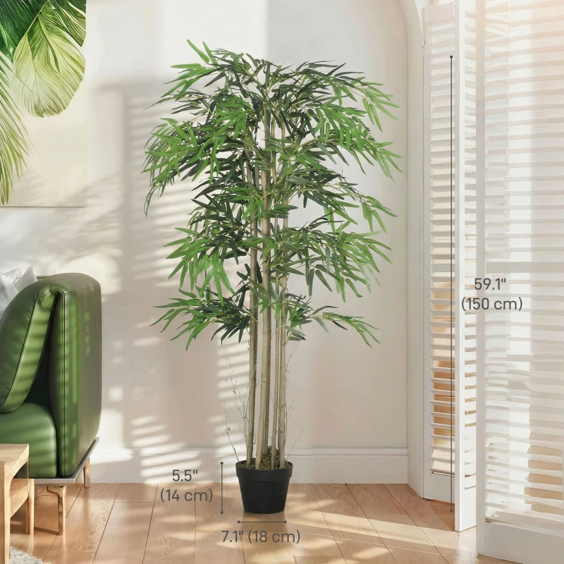 Outsunny 5FT Artificial Bamboo Tree Set of 2, Fake Plant with 1095 Leaves, Greenery Plant in Nursery Pot for Indoor, Green