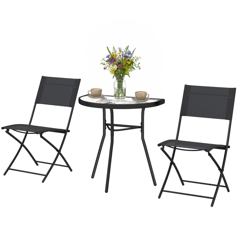 Outsunny Outdoor Bistro Set, 3 Piece Patio Furniture Set with Folding Chairs, Semi-Circle Glass Top Table, Black
