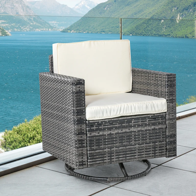 Outsunny Outdoor Swivel Rocker, PE Wicker Dining Chair, 360 Degree Swivel Patio Glider with Cushions for Backyard, Lawn, Garden, Deck, Porch, Steel Frame, Cream White