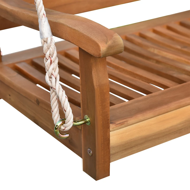 Outsunny 48'' 2-Seater Hanging Porch Swing, Outdoor Patio Wooden Swing Bench w/ Ropes, Slatted Design, 700 lb Weight Capacity, Natural