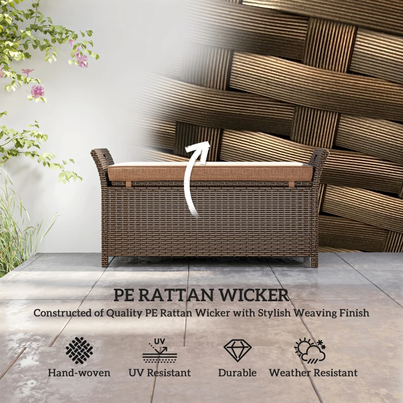 Outsunny 2-In-1 Outdoor Storage Bench, 29 Gallon Wicker Deck Box with Handles and Cushion, Tan
