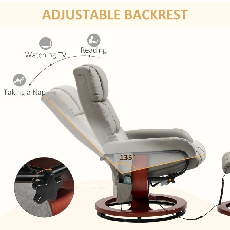 HOMCOM Massage Recliner Chair with Ottoman, Swivel Recliner and Footrest, Faux Leather Reclining Chair w/ Remote Control, Gray