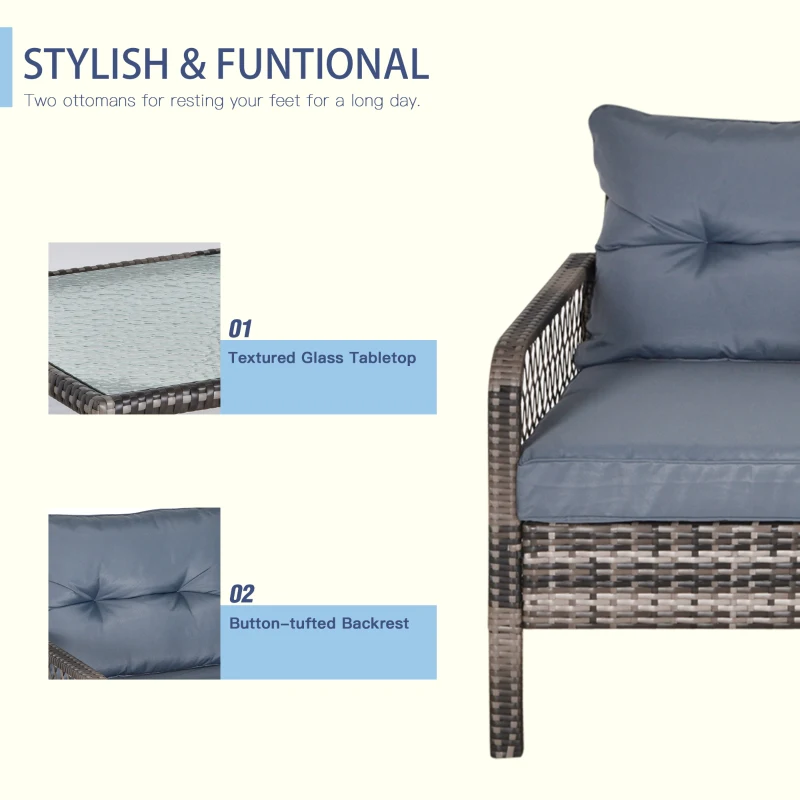 Outsunny 5-Piece PE Wicker Patio Furniture Set, Conversation Set with Outdoor Ottomans, Table & Chairs, Small Balcony Furniture for Apartments, Steel, Gray