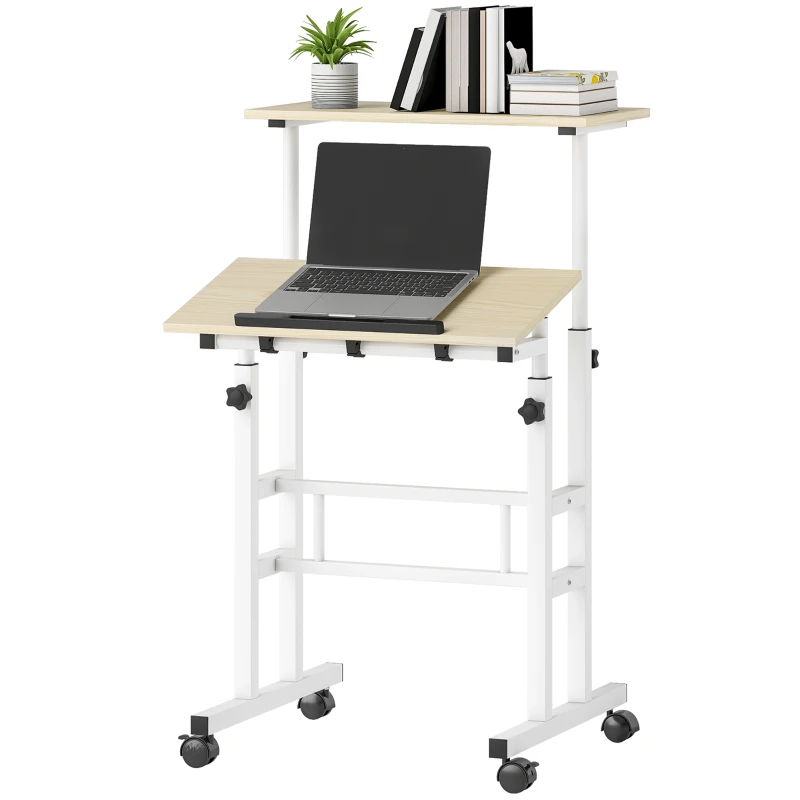 HOMCOM Stand Up Desk, Height & Angle Adjustable Computer Desk with Wheels for Standing or Sitting, Laptop Table, Natural