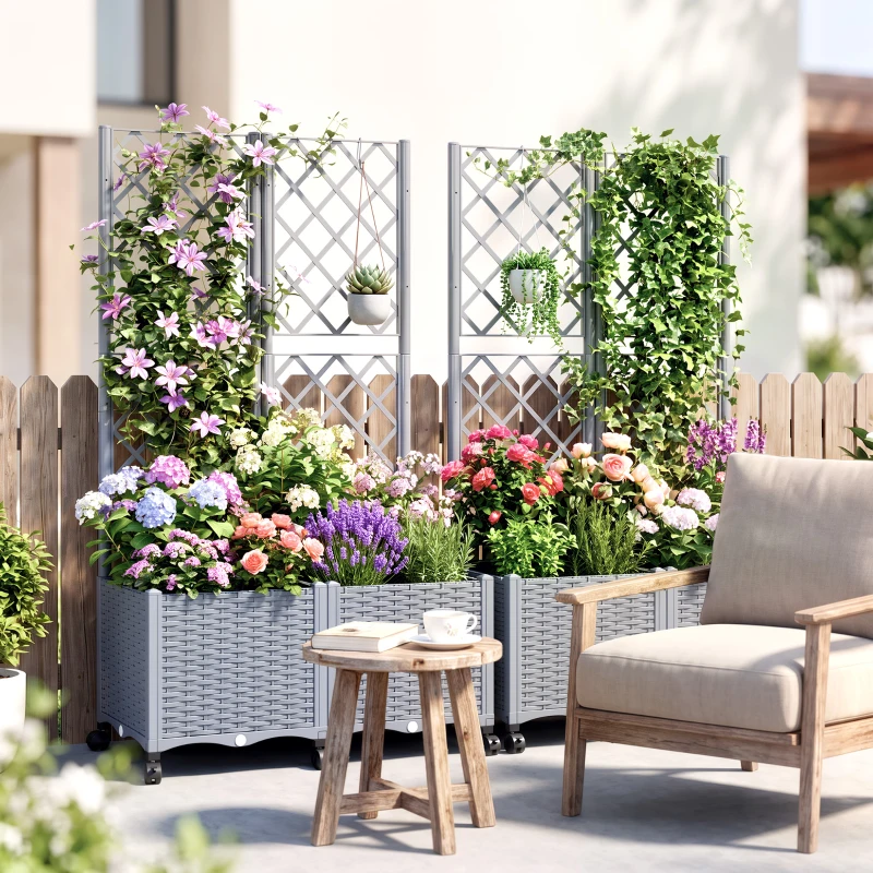 Outsunny Planter Box with Trellis, Self Watering Raised Garden Bed with Lockable Wheels and Drainage Holes, Gray