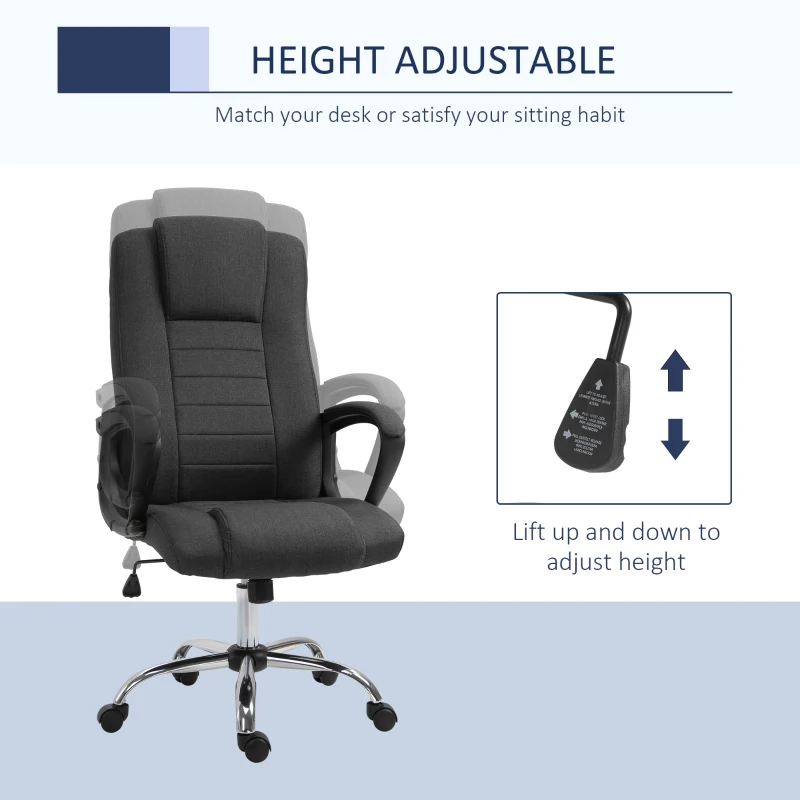 Vinsetto Ergonomic High Back Executive Office Chair, Rocking Swivel Linen Computer Desk Chair with Adjustable Height, Comfort Tilt Function, Padded Armrest, Headrest, Dark Grey