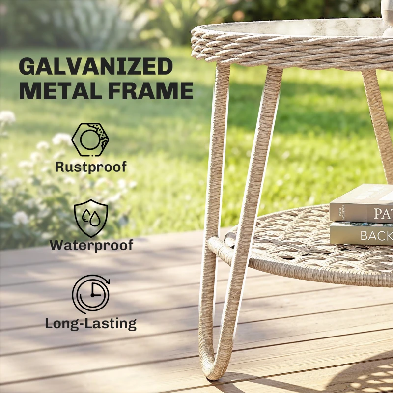 Outsunny Rattan Outdoor Coffee Table, 2-Tier Small Garden Side Table with Storage Shelf, Tempered Glass Top, Adjustable Footpads