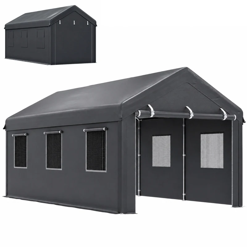 Outsunny 10' x 20' Carport, Heavy Duty Portable Garage with 6 Mesh Windows and Door, Dark Grey