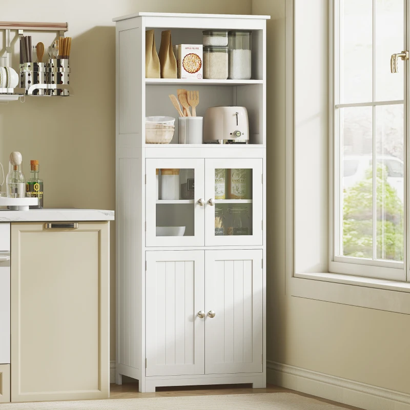 HOMCOM 63" Small Buffet with Hutch, 4-Door Kitchen Pantry, Freestanding Storage Cabinet with Adjustable Shelf for Dining Room, Living Room, White