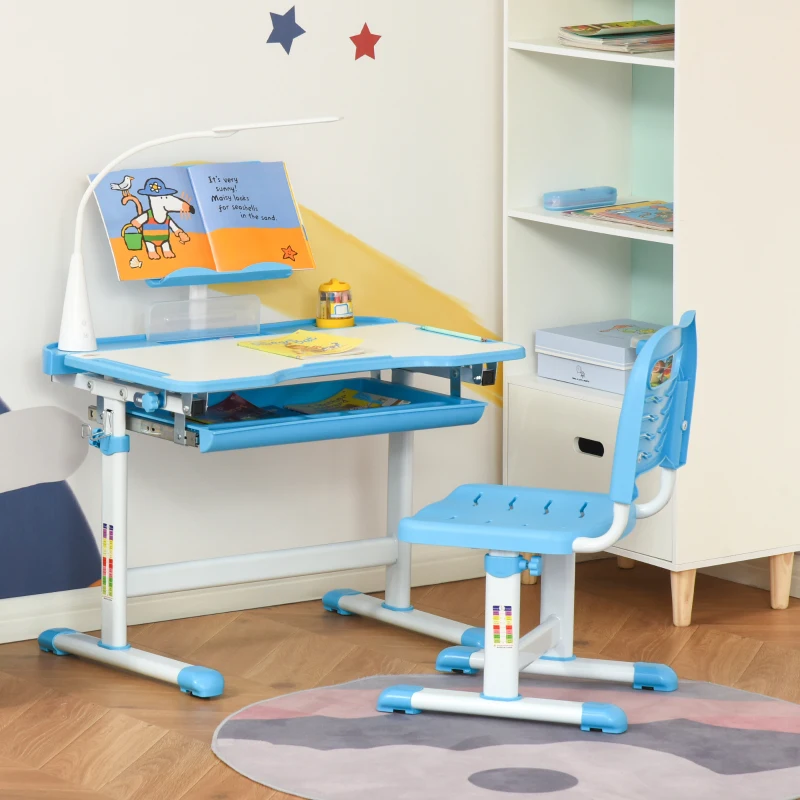 Qaba Kids Desk and Chair Set Height Adjustable Student Writing Desk Children School Study Table with Tilt Desktop, LED Lamp, Pen Box, Drawer, Reading Board, Cup Holder, Blue