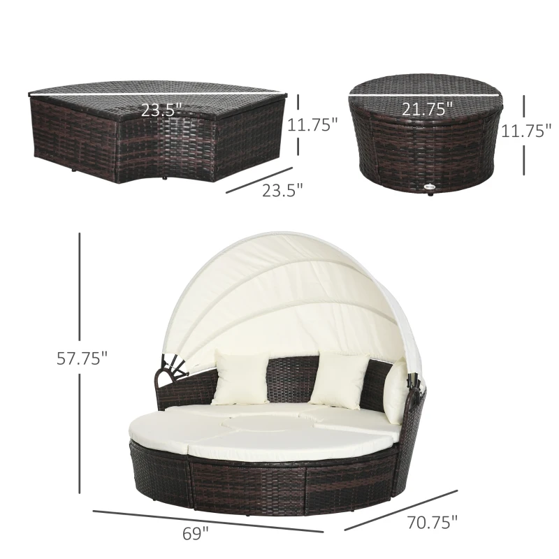 Outsunny 4pc Rattan Patio Furniture Set, Round Convertible Daybed or Sunbed, Adjustable Sun Canopy, Sectional Outdoor Sofa, 2 Chairs, Table, 3 Pillows, PE Plastic Wicker, Beige