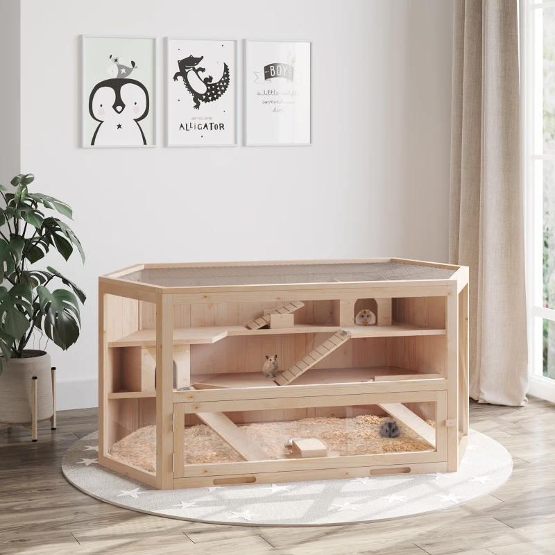 PawHut 3-Tier Extra Large Wooden Hamster Cage with Seesaws, Small Animal Cage and Habitat, Mice, Rat, Gerbil, & Hamster Habitat, Ladder, Feeding Bowl, Openable Top and Front Door