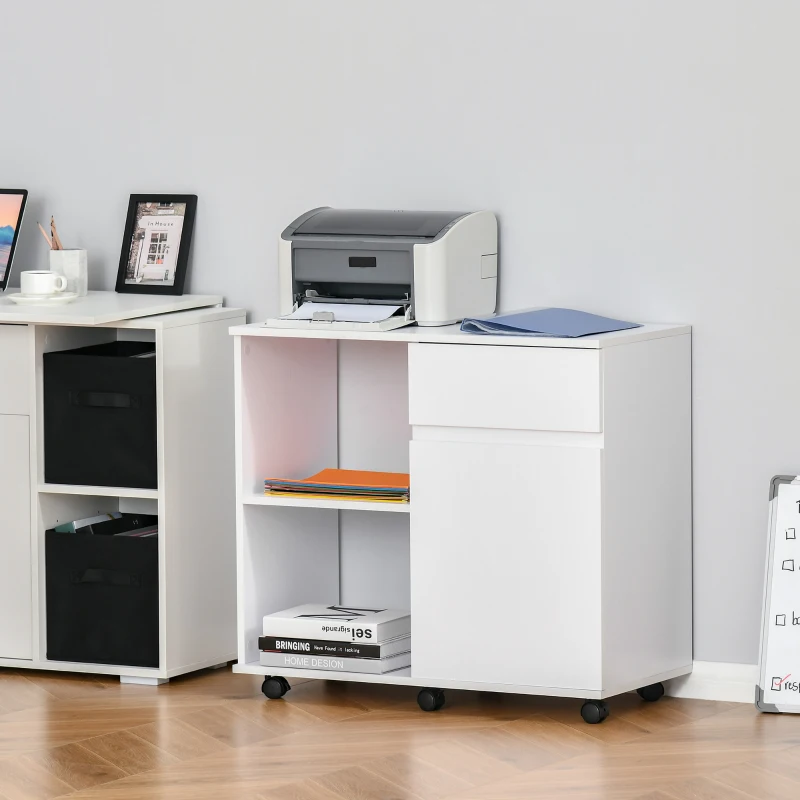 HOMCOM Printer Stand, Storage Cabinet with Drawer, Open Storage Shelves, for Home or Office Use, White