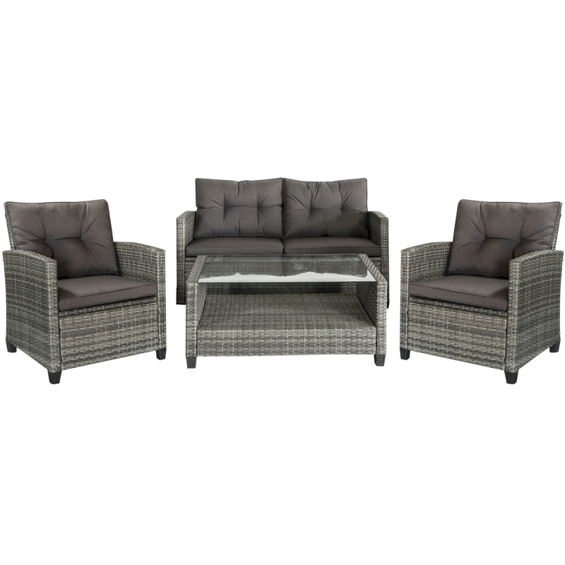 Outsunny 4 Pieces Patio Furniture Sets with Cushions, PE Rattan Wicker Conversation Chairs with Two-Tier Coffee Table for Backyard Porch Garden Poolside and Deck, Charcoal Gray