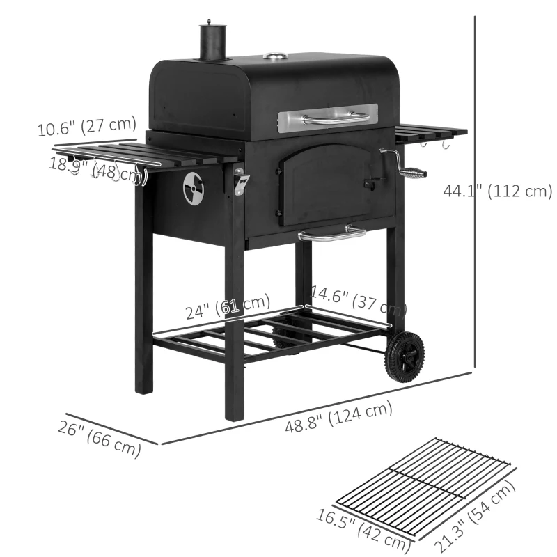 Outsunny Charcoal Smoker Adjustable Height, Folding Shelves, Thermometer, and Wheels, Black